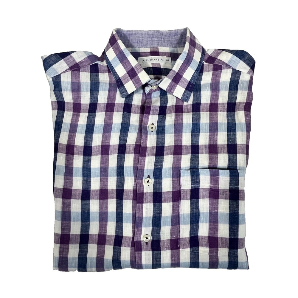 Alex Cannon Men's Lg 100% Linen Plaid Shirt Short Sleeve Button Down Purple Blue
